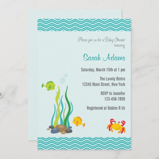 海のベビーシャワーの招待状のオーシャンブルーの下 招待状 (正面/裏面)