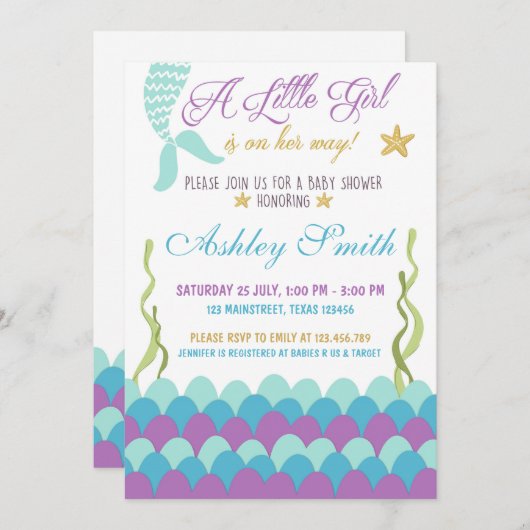 海のベビーシャワーの招待状の下の人魚 招待状 (正面/裏面)