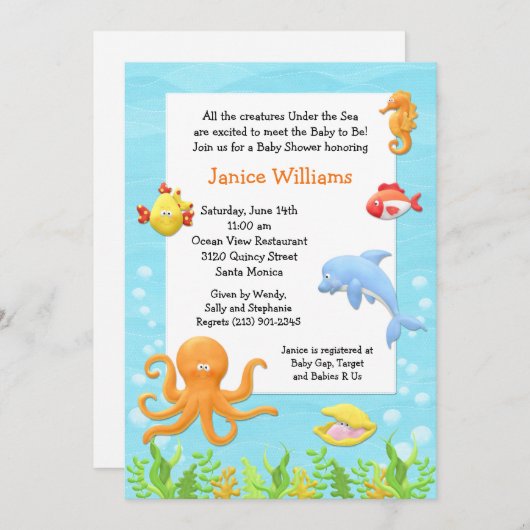 海のベビーシャワーの招待状の下 招待状 (正面/裏面)