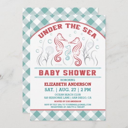 海のベビーシャワーの招待状の下 招待状 (正面/裏面)