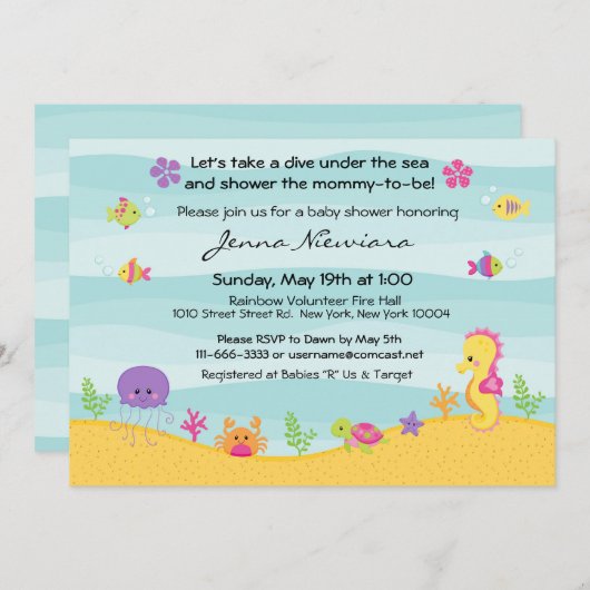 海のベビーシャワーの招待状の下 招待状 (正面/裏面)