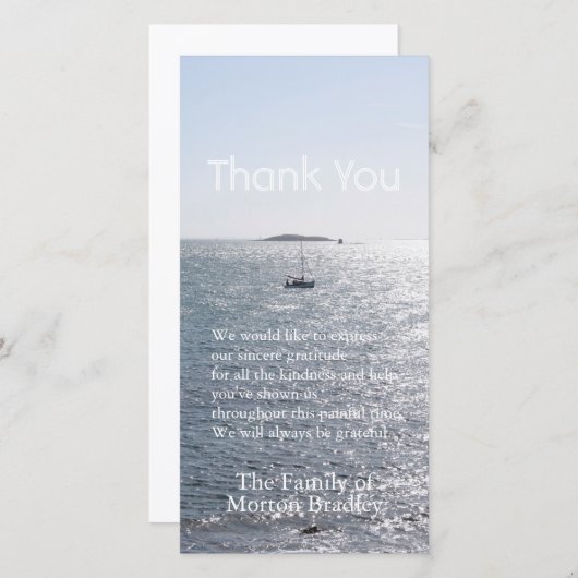 海のボートおよび島3の悔やみや弔慰は感謝していしています サンキューカード (正面/裏面)
