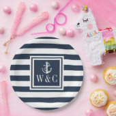 海のボートアンカー モノグラム ネイビーブルーストライプ ペーパープレート (パーティー)