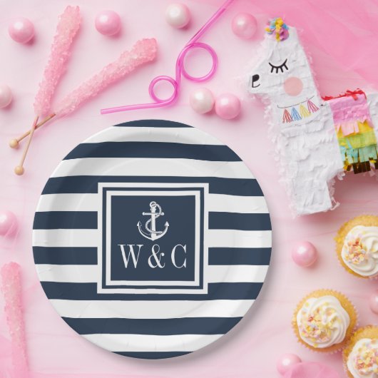 海のボートアンカー モノグラム ネイビーブルーストライプ ペーパープレート (パーティー)