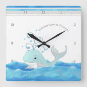 海のマンガのキャラクタの小さい男の子のかわいいクジラ スクエア壁時計 (正面)