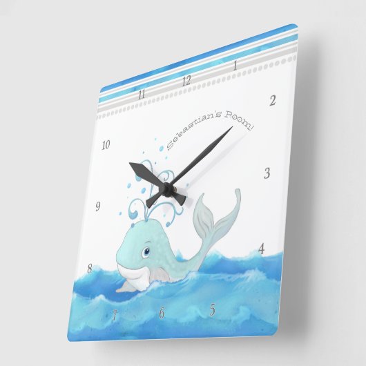 海のマンガのキャラクタの小さい男の子のかわいいクジラ スクエア壁時計 (傾斜)