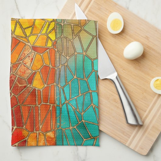 海のモザイクアートの上の日の出 キッチンタオル (四つ折り)