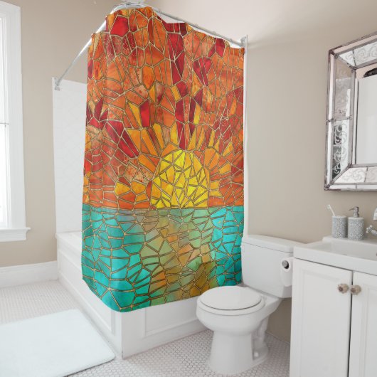 海のモザイクアートの上の日の出 シャワーカーテン (インサイチュ)