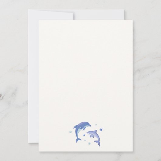 海のモダンイルカの赤ちゃんシャワーの下の青 招待状 (裏面)
