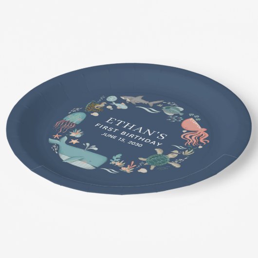 海のモダン下で1日の誕生日青の水色 ペーパープレート (アングル)