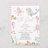 海のモダン赤ちゃんシャワーの下のピンクOh女の子 招待状 (正面/裏面)