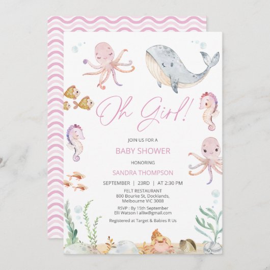 海のモダン赤ちゃんシャワーの下のピンクOh女の子 招待状 (正面/裏面)