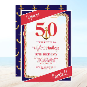 海のレッドホワイト&ブルー50歳の誕生日 招待状