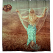 海のヴィンテージのティール（緑がかった色）ブラウンによる人魚 シャワーカーテン (正面)