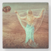 海のヴィンテージのティール(緑がかった色)ブラウンによる人魚 ストーンコースター (正面)