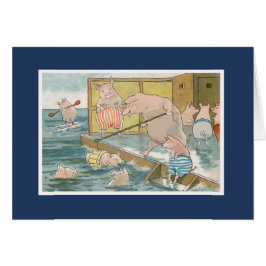 海のヴィンテージの芸術で泳いでいるブタおよびコブタ