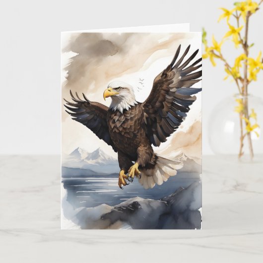 海の上を悠々と飛ぶハクトウディン カード (黄色い花)