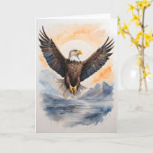 海の上を高く飛ぶハクトウワシの絵 カード (黄色い花)
