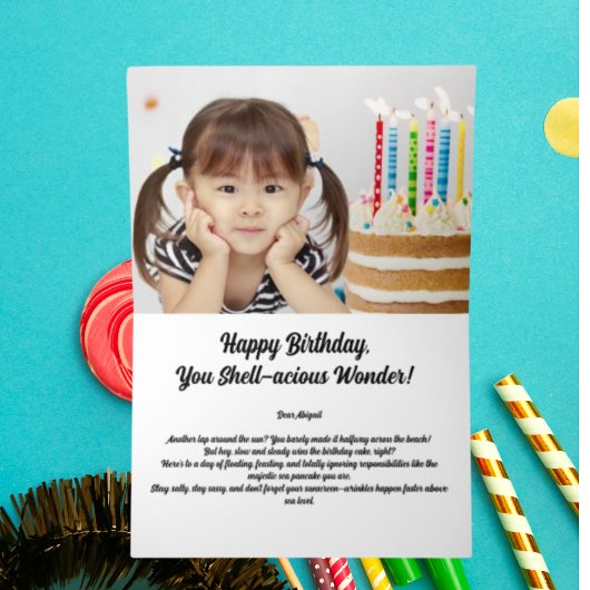 海の下かわいいウミガメの写真子供の誕生日 箔グリーティングカード