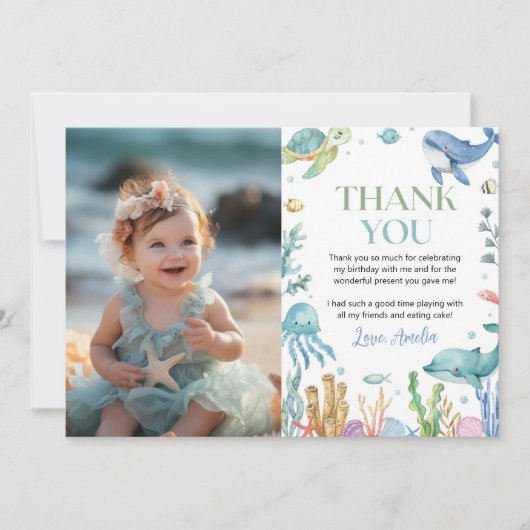 海の下かわいい海動物の誕生日写真 サンキューカード (正面)