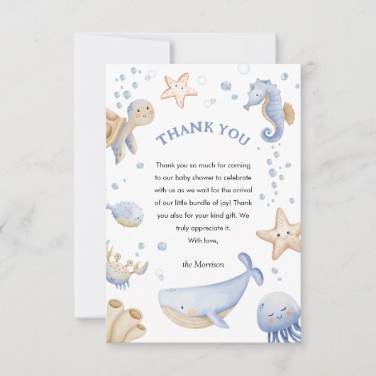 海の下だ！かわいい青い男の子の赤ちゃんシャワー サンキューカード (正面)