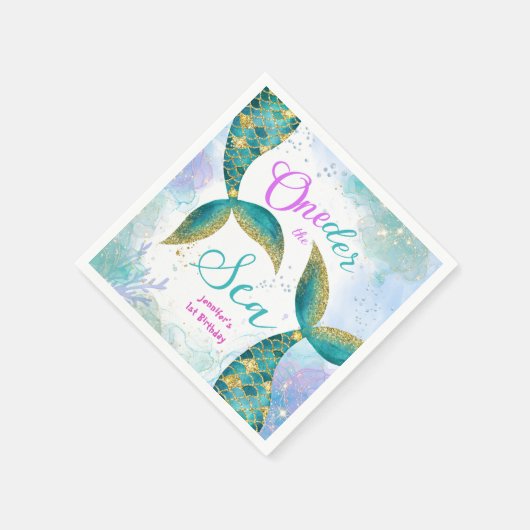 海の下だ！パープルティール（緑がかった色）ガールズ1st誕生日 スタンダードカクテルナプキン (角)