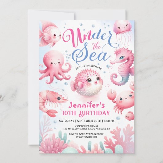 海の下だ！ピンクかわいい海ガール10誕生日 招待状 (正面)