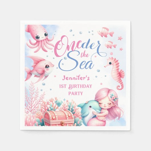 海の下だ！ピンクのリトルマーメイド1歳の誕生日 スタンダードカクテルナプキン (正面)