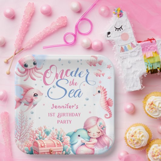 海の下だ!ピンクのリトルマーメイド1歳の誕生日 ペーパープレート (パーティー)