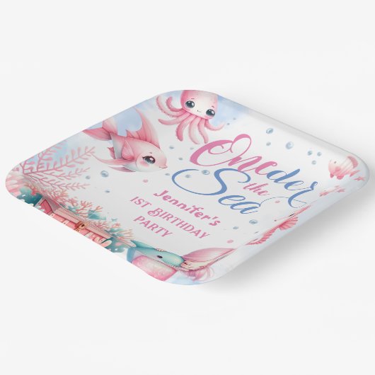 海の下だ!ピンクのリトルマーメイド1歳の誕生日 ペーパープレート (傾斜あり)