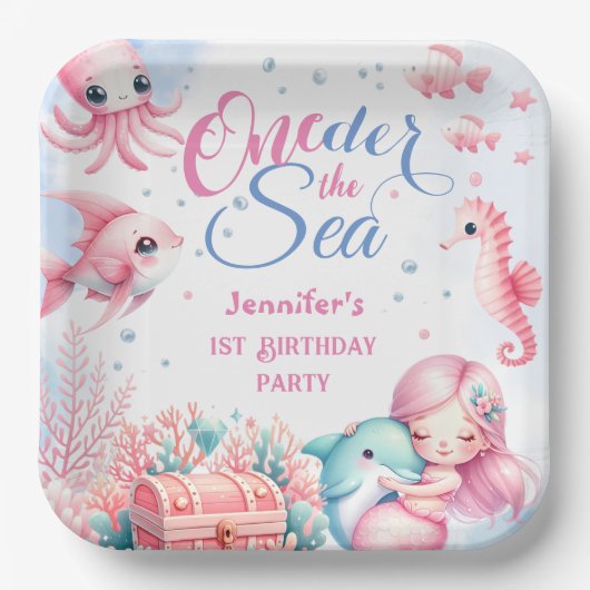 海の下だ!ピンクのリトルマーメイド1歳の誕生日 ペーパープレート (正面)
