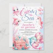 海の下だ!ピンクのリトルマーメイド1歳の誕生日 招待状 (正面)