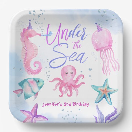 海の下だ！ピンクの海ガール2nd誕生日 ペーパープレート (正面)