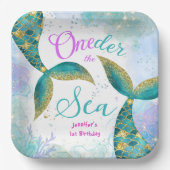 海の下だ!マーメイドパープルティール(緑がかった色)1st誕生日 ペーパープレート (正面)