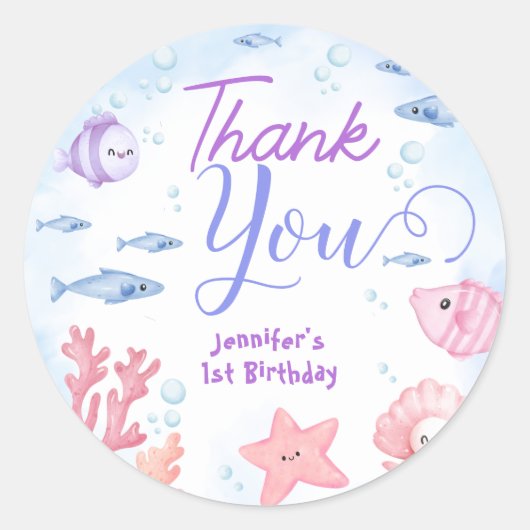 海の下だ!女の子かわいい海1歳の誕生日 ラウンドシール (正面)