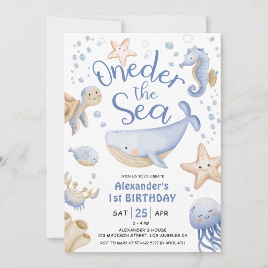 海の下だ！男の子かわいい海1歳の誕生日 招待状 (正面)