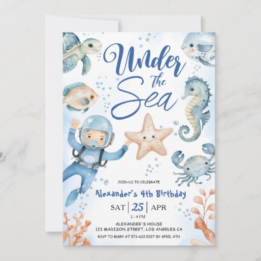 海の下だ!男の子かわいい海4th誕生日パーティー 招待状 (正面)