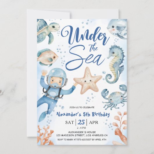 海の下だ！男の子かわいい海5thバースデーパーティー 招待状 (正面)