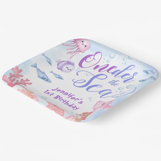 海の下だ！1歳の誕生日ガールかわいい海の生活 ペーパープレート (傾斜あり)