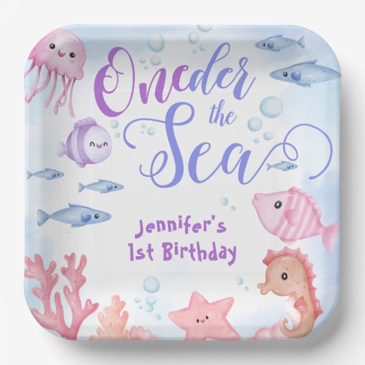 海の下だ！1歳の誕生日ガールかわいい海の生活 ペーパープレート (正面)