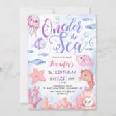 海の下だ!1歳の誕生日ベビーガールかわいい海 招待状 (正面)