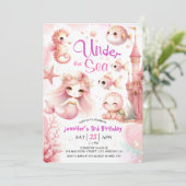 海の下だ！3歳の誕生日ガールピンクかわいい海 招待状 (スタンド正面)