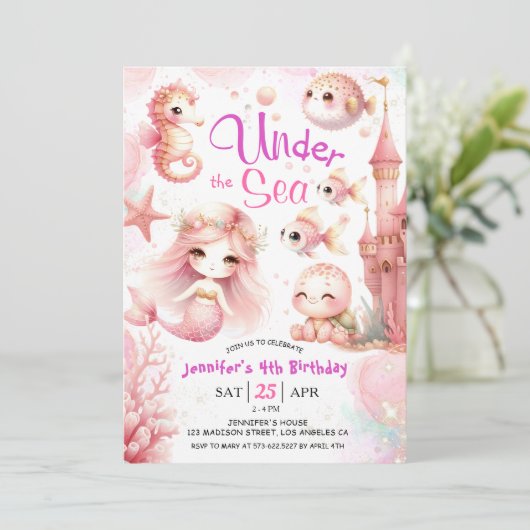 海の下だ!4th Birthday Girlピンクかわいい海 招待状 (スタンド正面)