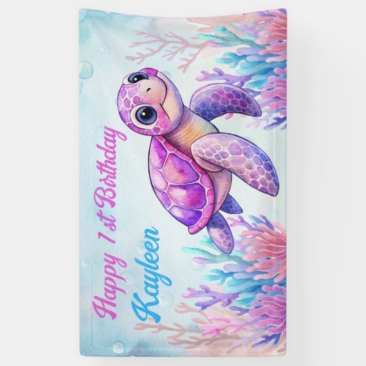 海の下でかわいいタートルピンクのハッピーバースデー 横断幕 (縦)