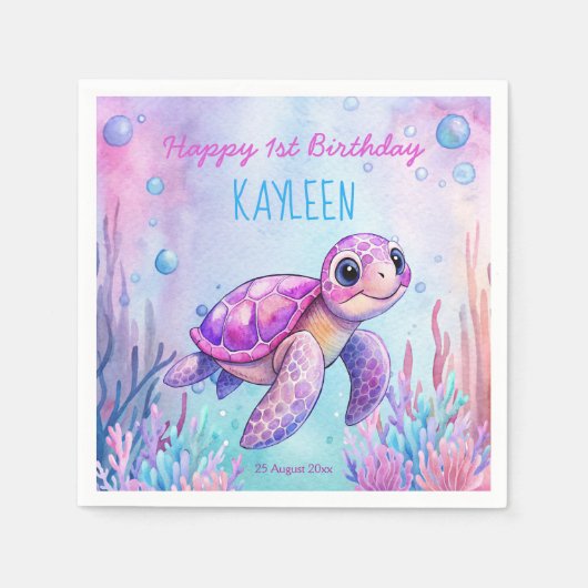 海の下でかわいい亀のピンク紫の誕生日 スタンダードカクテルナプキン (正面)