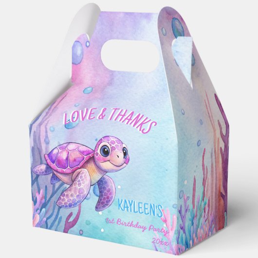 海の下でかわいい亀のピンク紫の誕生日 フェイバーボックス (正面)