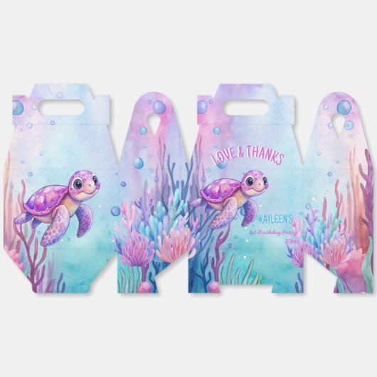 海の下でかわいい亀のピンク紫の誕生日 フェイバーボックス (見開き)