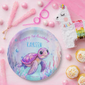 海の下でかわいい亀のピンク紫の誕生日 ペーパープレート (パーティー)