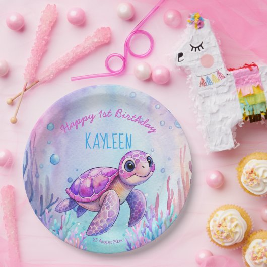 海の下でかわいい亀のピンク紫の誕生日 ペーパープレート (パーティー)