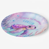 海の下でかわいい亀のピンク紫の誕生日 ペーパープレート (アングル)